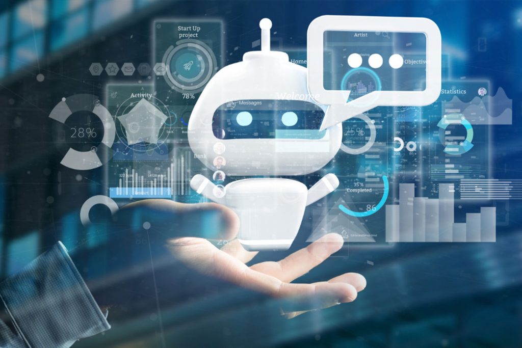 Mão suspensa no ar e sobre a palma um ícone de chatbot e vários outros ícones de mensagem e dados