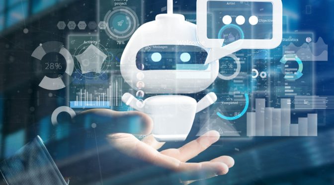 chatbot Mão suspensa no ar e sobre a palma um ícone de chatbot e vários outros ícones de mensagem e dados