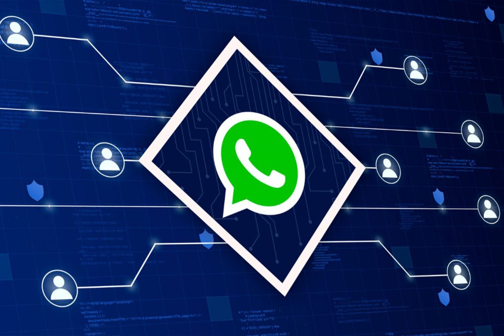 Imagem de fundo azul com ícone do WhatsApp no centro e ramificações, representando a API do WhatsApp para provedores.
