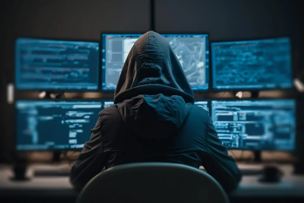 Hacker de capuz e de costas olhando para telas de computador, tentando burlar as formas de como evitar ataque ddos.