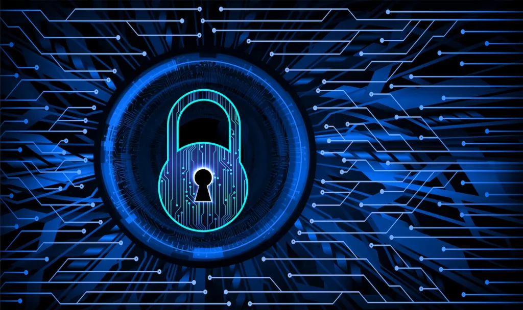 fundo azul, com cadeado grande, referência a um provedor de internet protegido contra ataques ransomware