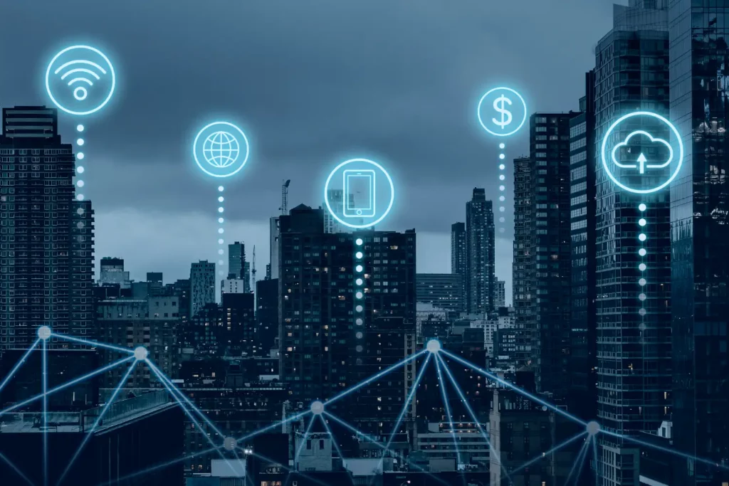 Cidade repleta de pontos de internet diferentes representando a internet das coisas