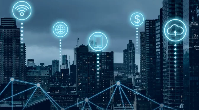 iot Cidade repleta de pontos de internet diferentes representando a internet das coisas