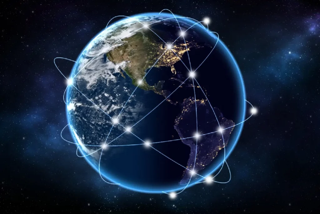 Imagem do globo terrestre com linhas interconectadas representando o IX internet exchange para sistemas de provedores de internet.