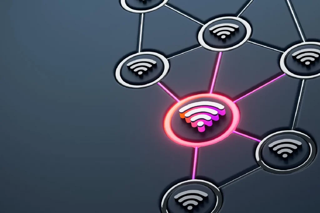 Um ponto de rede se conecta a diversos outros representando o wifi mesh