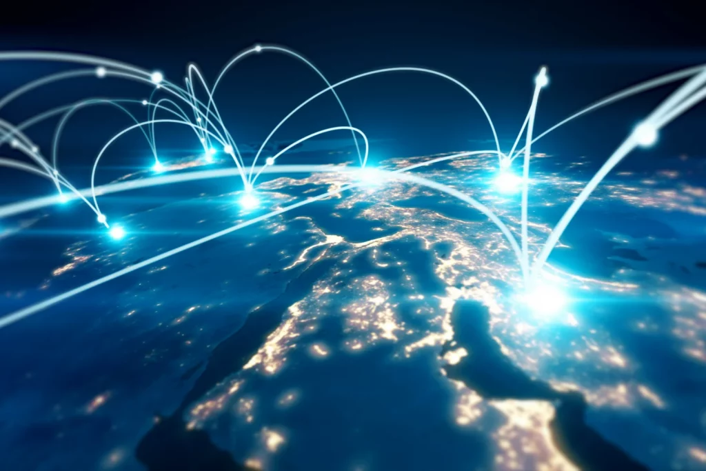 Mundo conectado por diversos pontos de rede representando o modelo osi e tcp