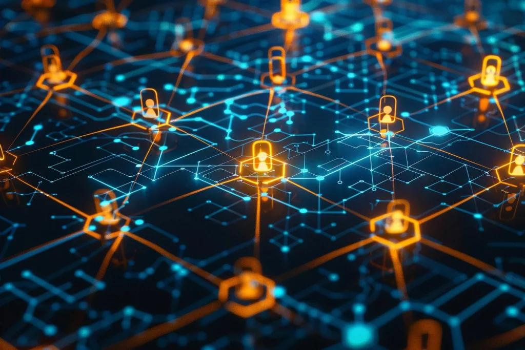 Vários pontos digitais interconectados representando a rede descentralizada.